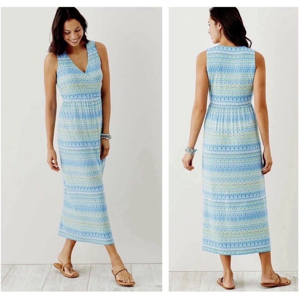 J Jill Aegean Island Maxi Dress Surplice Neck Sleeveless Blue Ikat Coastal XSP